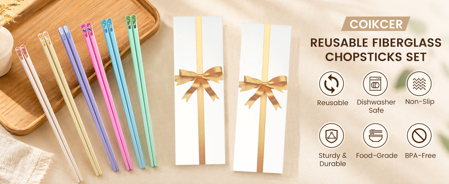 Coikcer fiberglass reusable chopsticks,6 colorful adult non-slip dishwasher safe food grade gift set