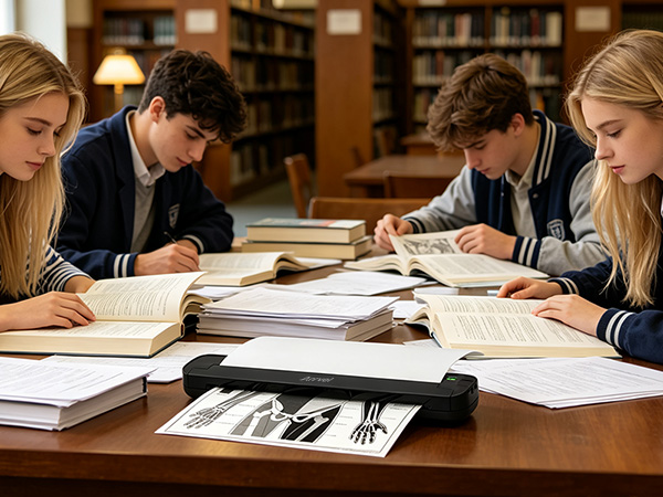 Students use the wireless thermal printer for study notes and educational materials in a library