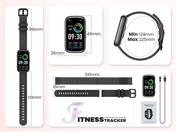 package includes:fitness tracker, 2 watch bands, charging cable, user manual