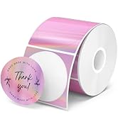 Roll of pink and purple iridescent stickers with circular white labels. One label visible reads "Thank you!" and "HAND MADE WITH LOVE" in black text.