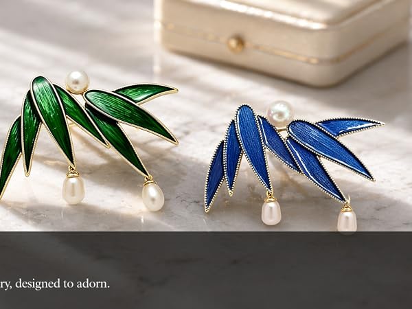 Gold Plated Enamel Bamboo Leaf Brooch for Women,