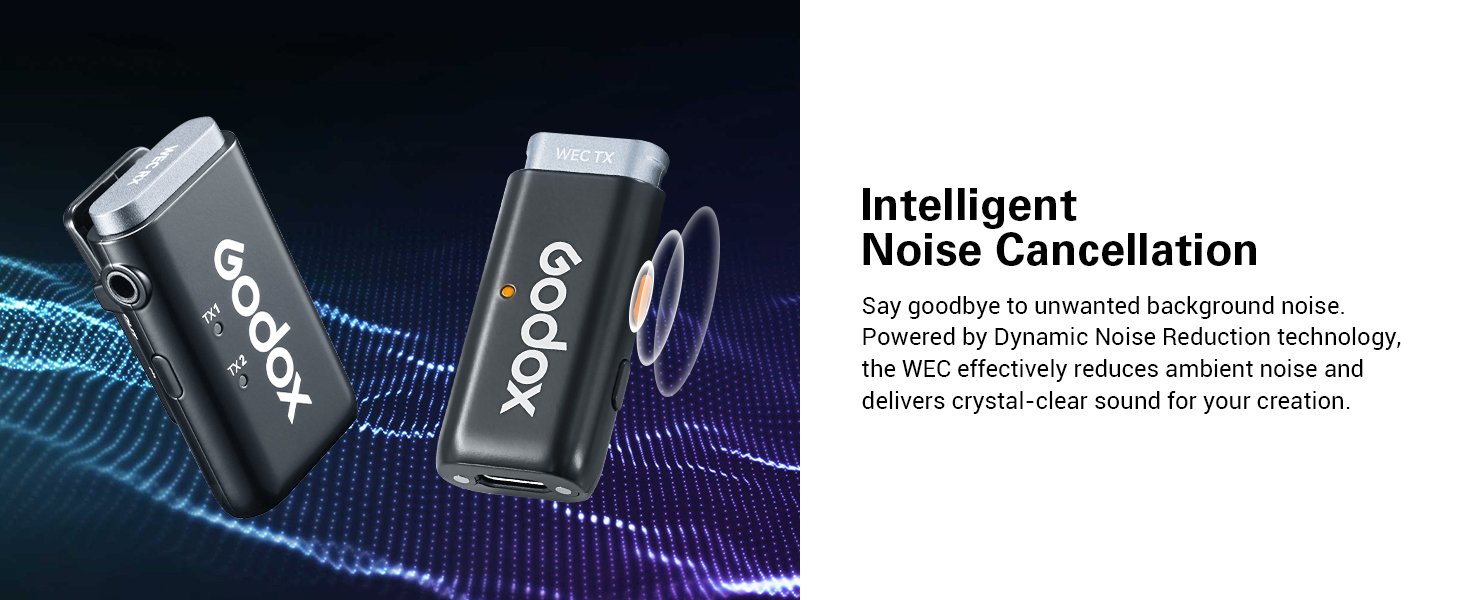 Two black wireless earbuds with stems in charging case. Text overlay mentions 'Intelligent Noise Cancellation' feature.