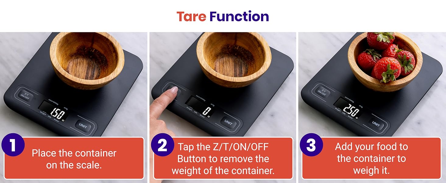 Press tare button to get food's pure weight easily.