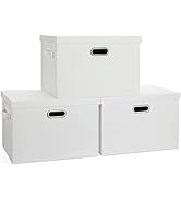 Graciadeco Large 17" 36 Quart Collapsible Stackable Storage Bins with Lids, 3 Packs White Linen F...