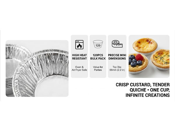 Oven and air fryer safe mini foil pans, sturdy thick foil cups for quiche.