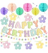 Amandir Pastel Birthday Decorations for Girls Women, Happy Birthday Banner with Honeycomb Balls, ...