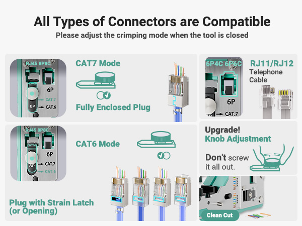Crimp all RJ45, RJ12, and RJ11 connectors-metal, plastic, pass-through, or non-pass-through
