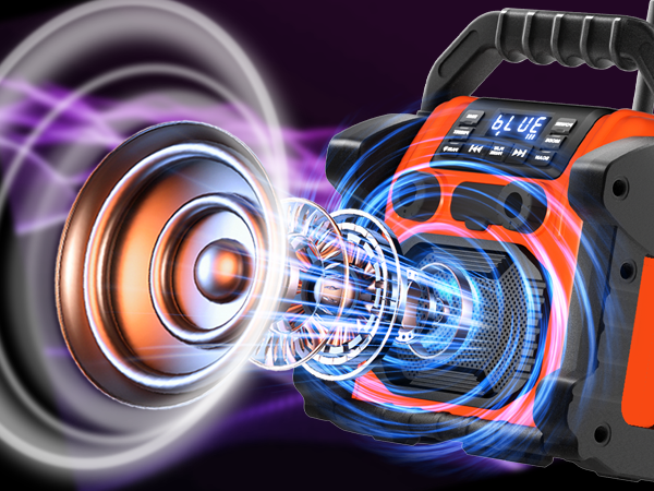 a 3d rendering of a blue and orange portable radio.