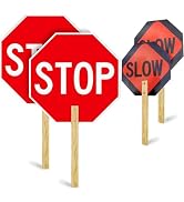 Estleys 2 Pack Stop Slow Sign, 13” x 13” Handheld Stop Sign, Aluminum Crossing Guard Signs with H...