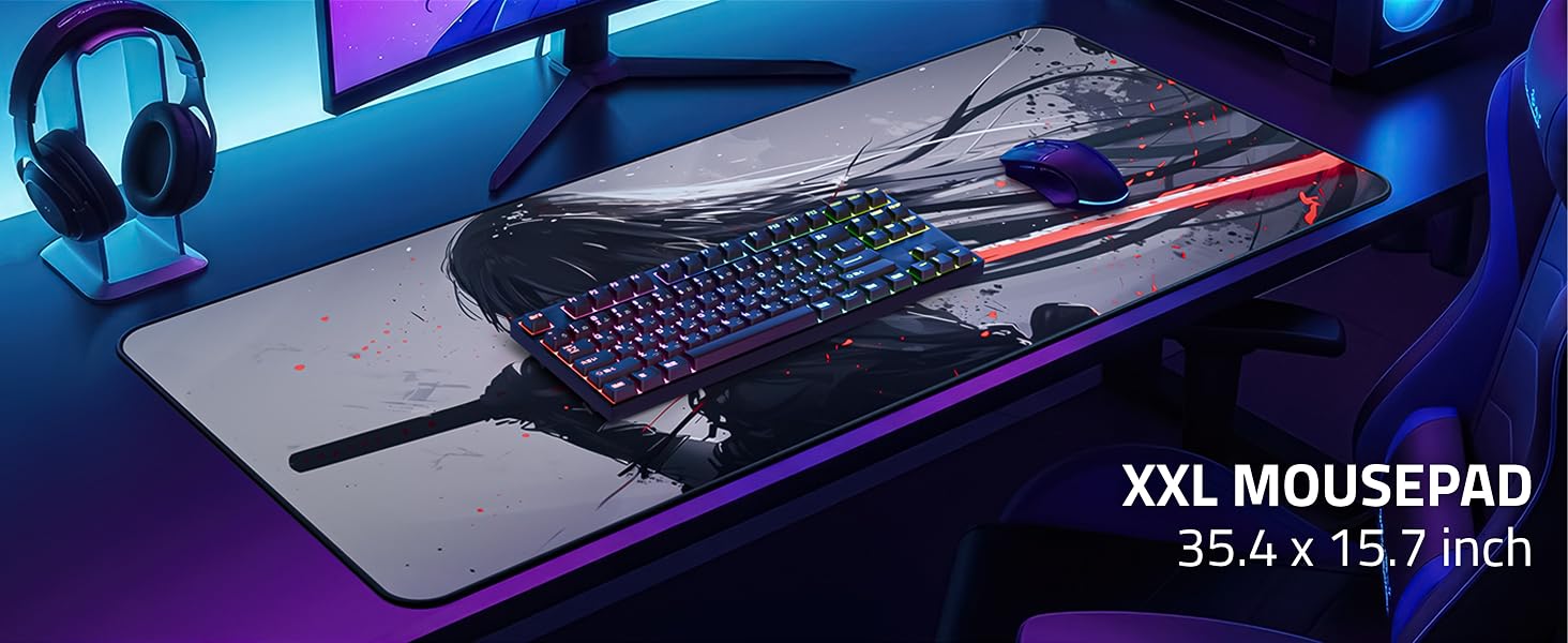 Text reads 'XXL MOUSEPAD', '35.4 x 15.7 inch'. Large gaming mouse pad with colorful neon artistic design displayed on desk with gaming peripherals under blue RGB lighting.