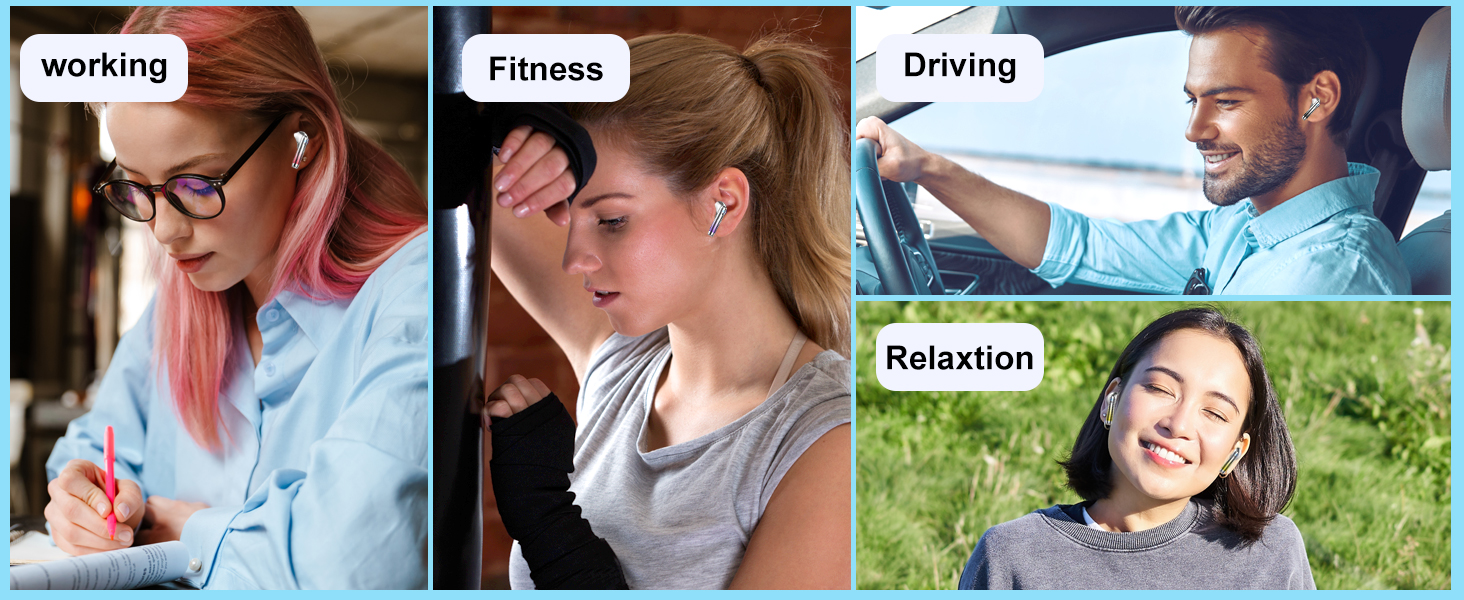 Four-panel image showing people in various activities: working at a desk, exercising, driving, and relaxing outdoors. Each panel is labeled accordingly.