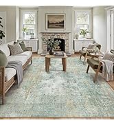 WondRg 8x10 Washable Area Rug Teal Beige Abstract Living Room Bedroom Carpet Neutral Modern Non-S...