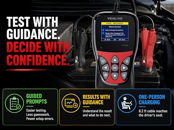 BT900 car battery tester with guided prompts and clear results