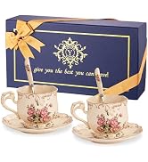 YOLIFE Tea Cups and Saucers Set of 2, Vintage Ceramic Tea Cups Set Floral and Gold Leaves Trim De...
