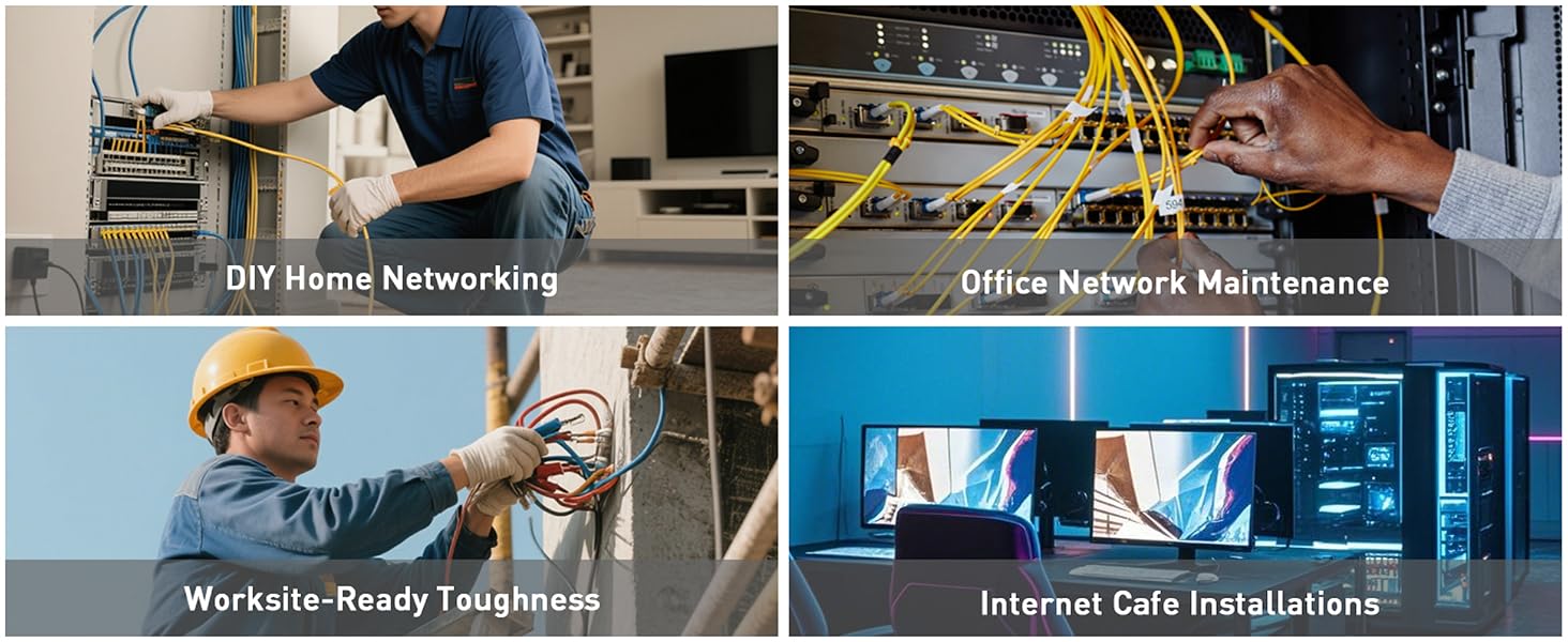 Text reads: 'ICT Home Networking', 'Office Network Maintenance', 'Worksite-Ready Toughness', 'Internet Cafe Installation'. Composite image showing four networking service scenarios: technician with equipment, network cable installation, outdoor workers, and server room setup.