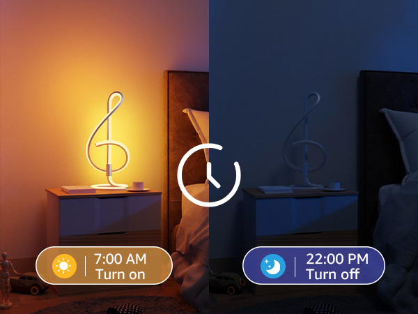 Smart light in treble clef shape, demonstrating on/off states. Left: warm light at 7:00 AM. Right: off at 22:00 PM.