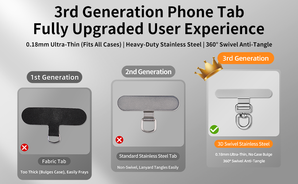 Gen 3 ultra-thin metal phone tether tab (0.007&amp;amp;#34;), scratch-resistant with 360° tangle-free Swivel