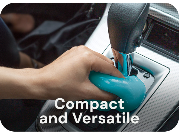 AutoJoe Multi-Purpose Cleaning Gel pressed on a gear shift. Text reads: Compact and Versatile.