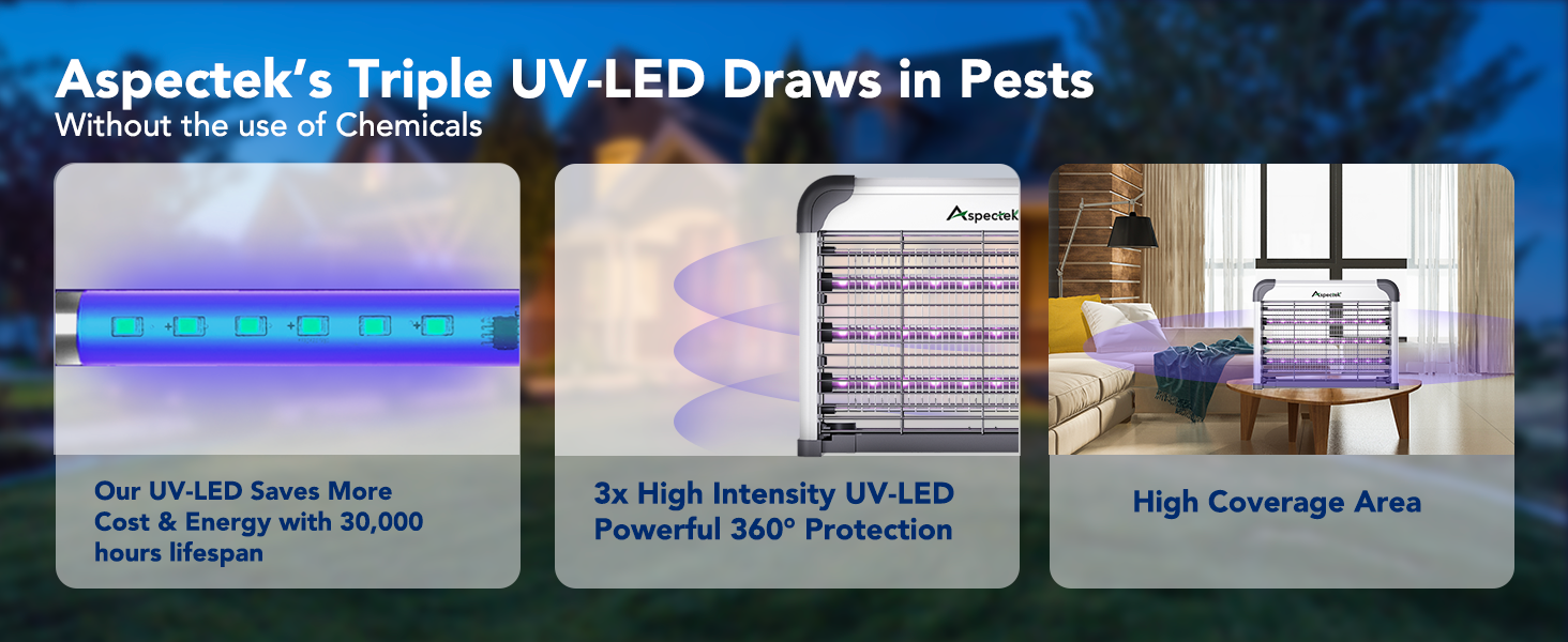 Aspectek triple UV-LED bug zapper with 360° coverage and chemical-free insect control