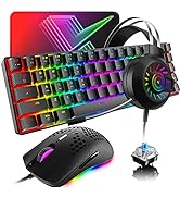 60% Mechanical Gaming Keyboard and Mouse and Mouse pad and Gaming Headset,4 in 1 Wired 68 Keys LE...