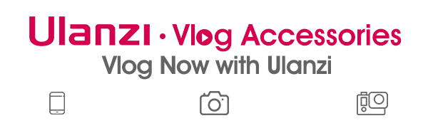 Text reads 'Ulanzi • Vlog Accessories' and 'Vlog Now with Ulanzi'. Simple graphic design with smartphone, camera, and microphone icons.