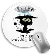 Black Cat Round Mouse Pad, Funny Small Mouse Pad with Non-Slip Rubber Base, Stitched Edge Mousepa...