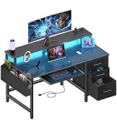 Lufeiya Gaming Desk with LED Lights and Power Outlets, 47 Inch Home Office Desks with Keyboard Tr...