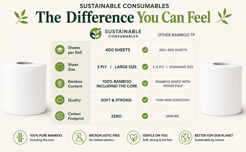 Bamboo toilet paper comparison graphic highlighting softness, purity, and eco-friendly performance.