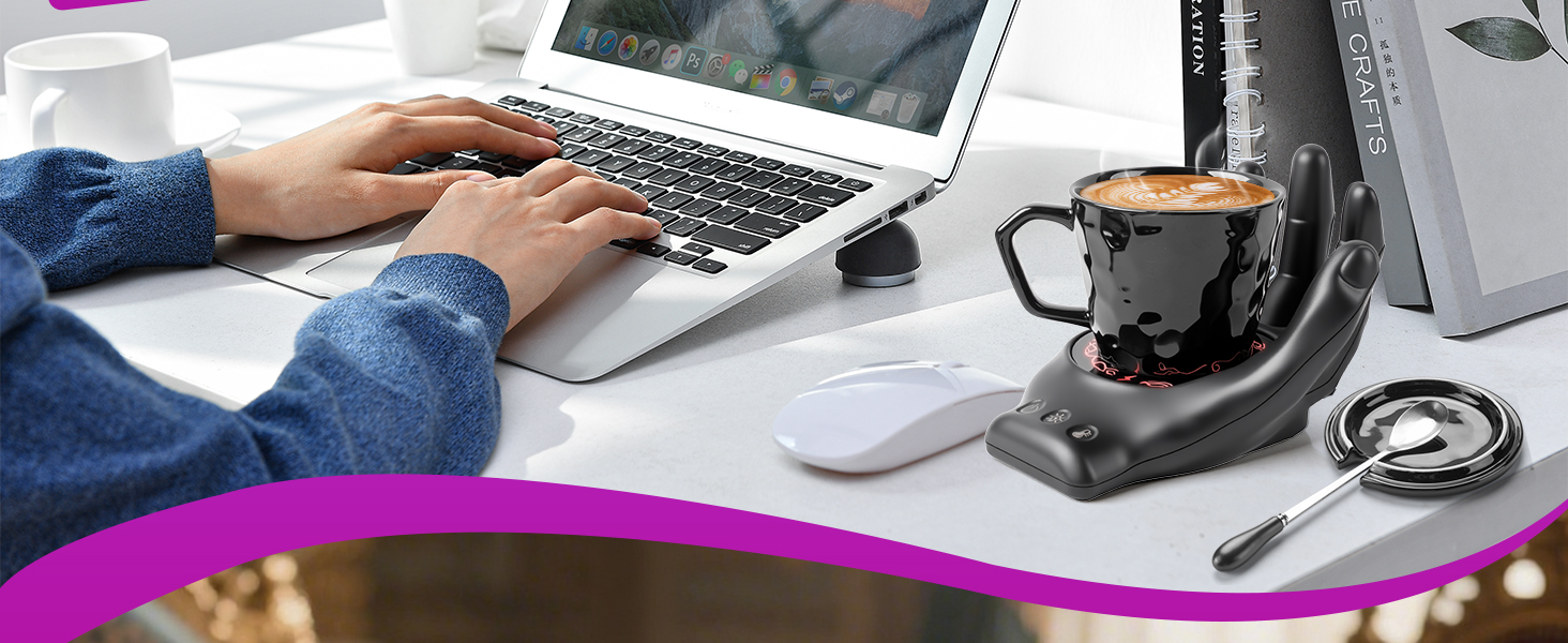 Hand Heating Mug Warmer &amp;amp; Mug Set - 3 Temp Settings, Coffee Cup Warmer Plate for Desk Auto Shut Off