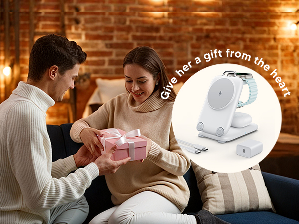 Text reads 'Give a gift from love'. Warm-toned photograph showing multiple people exchanging wrapped gifts in a cozy indoor setting.