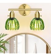 Bathroom Light Fixtures, 2-Light Gold Vanity Light for Bathroom with Green Tulip Glass Shade, Vin...