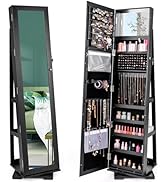 CHARMAID 360° Swivel Jewelry Armoire with Full Length Mirror, Standing Lockable Jewelry Cabinet O...