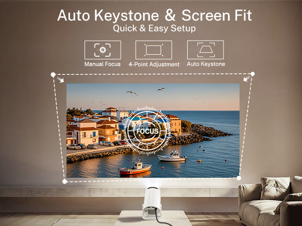 Text reads 'Auto Keystone &amp; Screen Fit' and 'Quick &amp; Easy Setup'. Demonstrates projector screen adjustment feature with harbor scene image and setup icons.