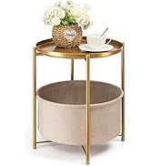 danpinera Round Side Table with Fabric Storage Basket, Metal Side Table Small Bedside Table Night...