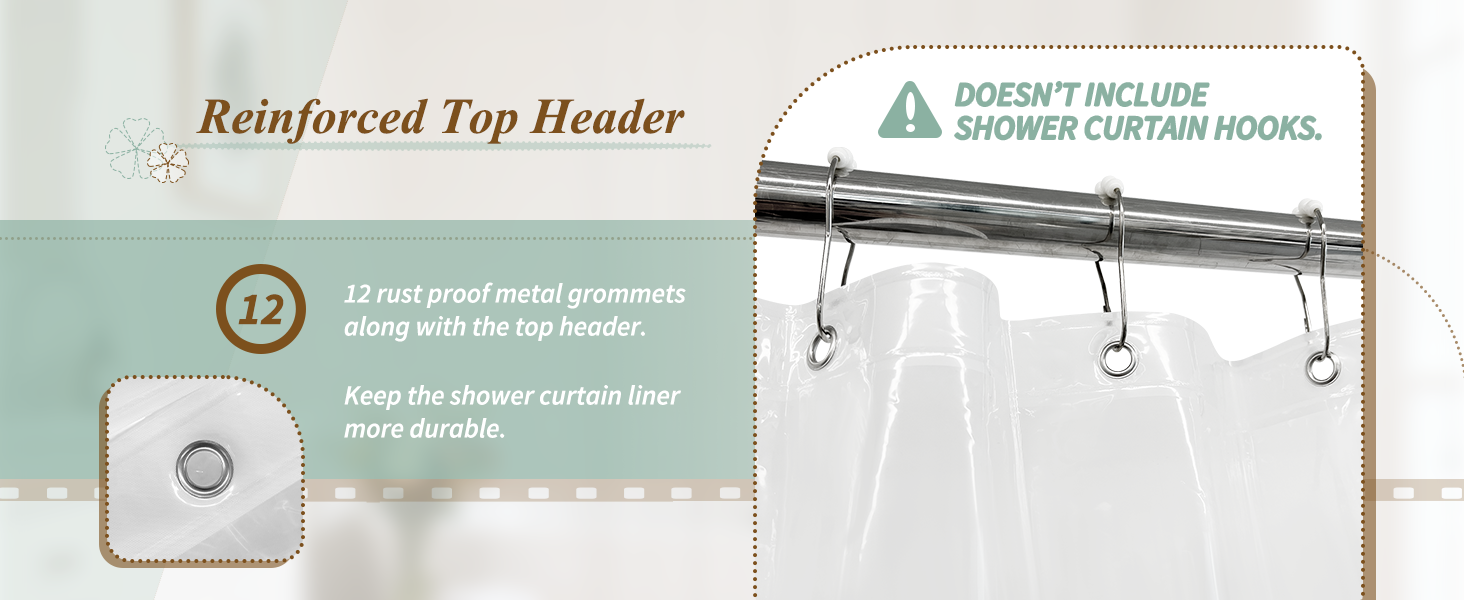 Clear peva shower curtain liner with reinforced top header durable
