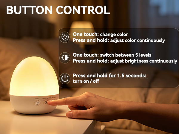 Button operated kids lamp, separate buttons for color switching, brightness adjust &amp; power control