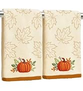 AnyDesign 2 Pcs Fall 3D Hand Towels Autumn Maple Leaves Pumpkin Jacquard Embroidered Cotton Absor...