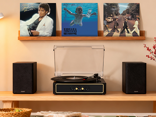 black record player with speakers