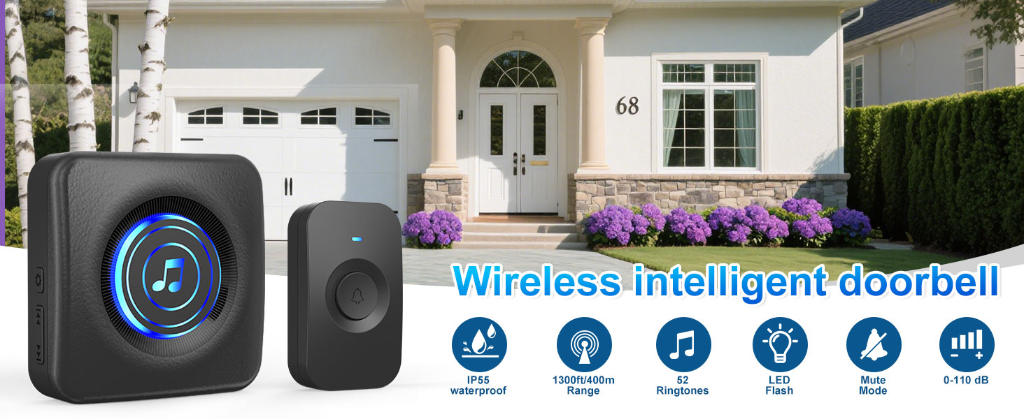 Wireless Doorbell with 3 receivers 1 Button,IP55 Waterproof,1300 FT/400M
