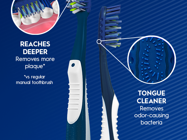 Precision clean behind every tooth. Tongue cleaner removes odor-causing bacteria.
