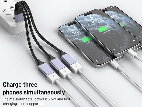 Text reads 'Charge three phones simultaneously.' Multiple images showing charging cable connected to three mobile phones simultaneously.