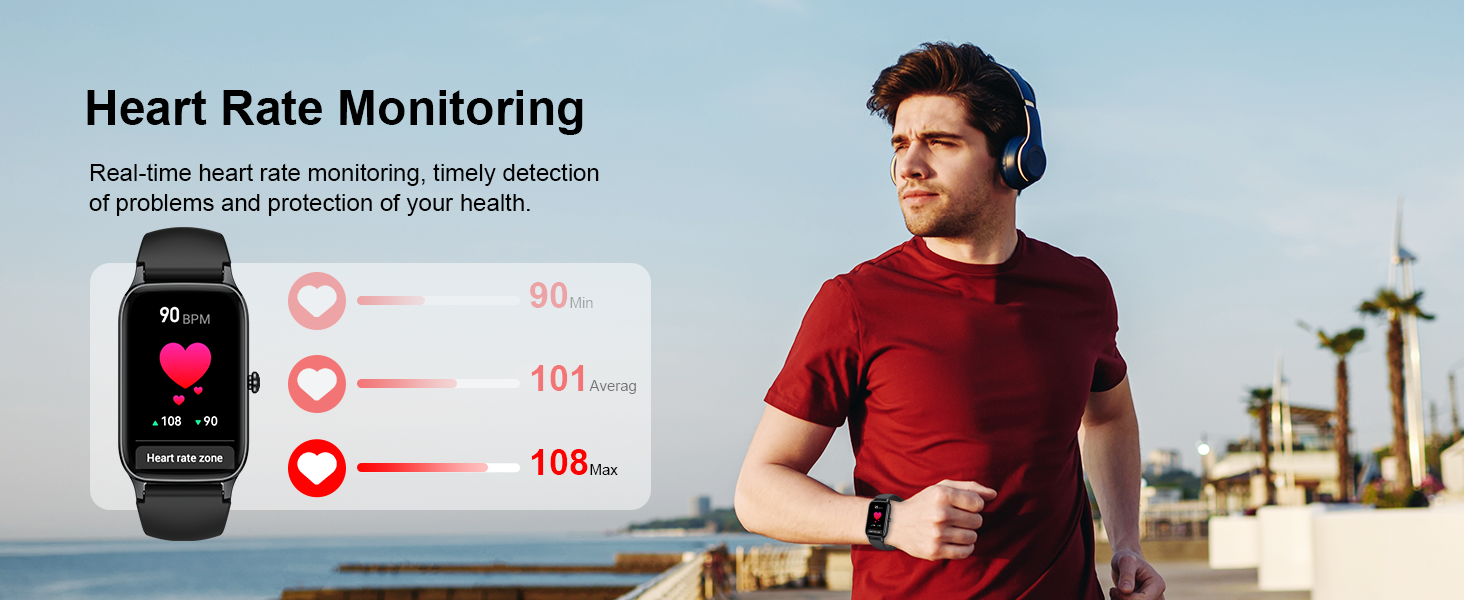 a man wearing a red shirt and headphones running on a beach