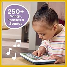 Kid concentrates while learning with the toy tablet. Tablet contains 250+ Songs, Phrases &amp; Sounds.