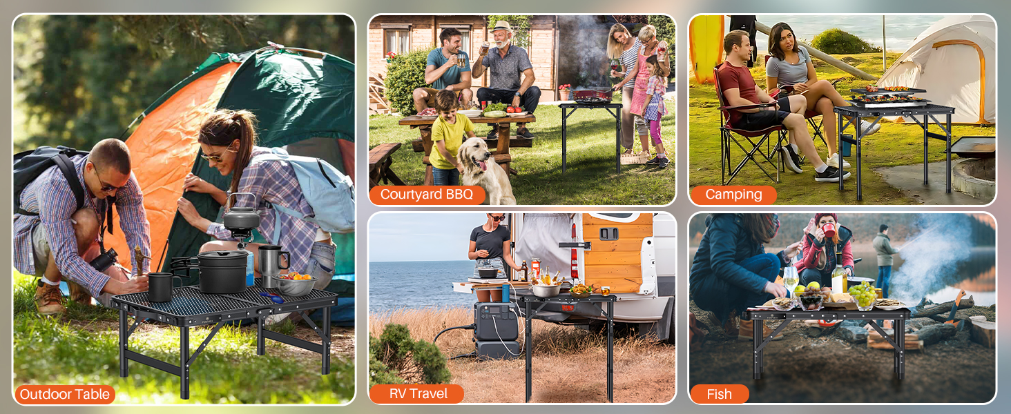 Collage of outdoor camping scenes showing tent setup, cooking, and recreational activities in various outdoor settings.