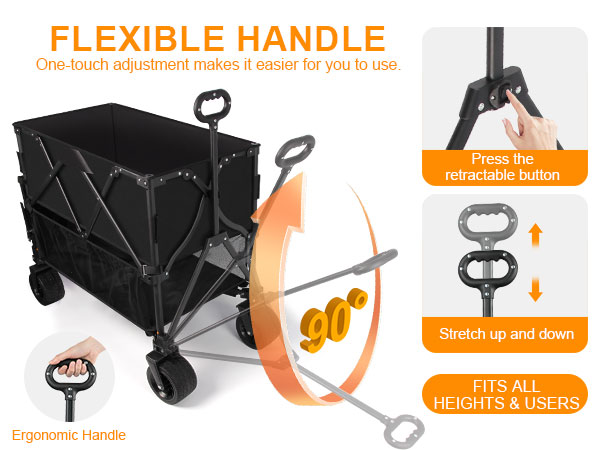 Adjustable ergonomic handle for double decker wagon with 90 degree tilt and telescoping height