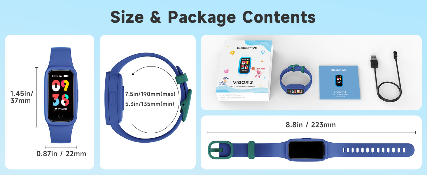 Text reads 'Size &amp; Package Contents'. Product display showing smartwatch components including watch face, charging cable, and band measurements of 8.6m/22mm.