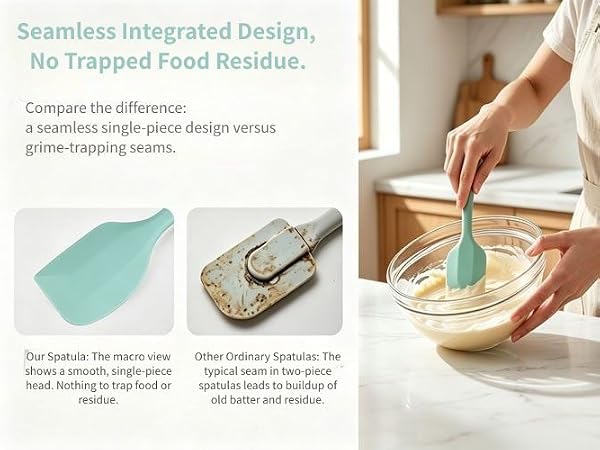Headaze seamless one-piece silicone spatula, comparison chart vs split old spatula