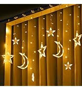 wominoy 138 LED Star Moon String Lights- Star Fairy Lights with Hooks, 8 Lighting Modes, Remote C...
