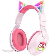 LOBKIN Kids Headphones Bluetooth 6.0, Toddler Headphones Cat Ear LED Light, Rotatable External Mi...
