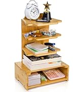 Acshio 4 Tier Desktop Bookshelf, Small Bamboo Bookcase with Drawer, Display Floor Standing Storag...